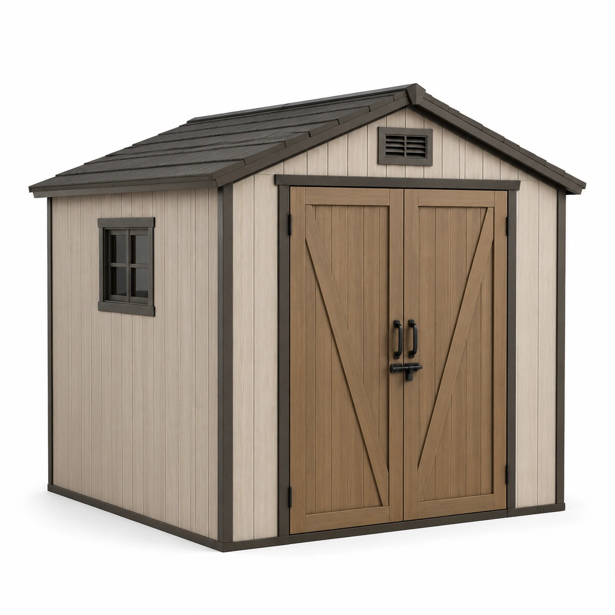 Abri de jardin en résine, beige et marron, toiture en pente, portes doubles
