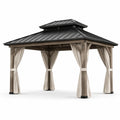 Pavillon de jardin en métal avec rideaux en polyester beige