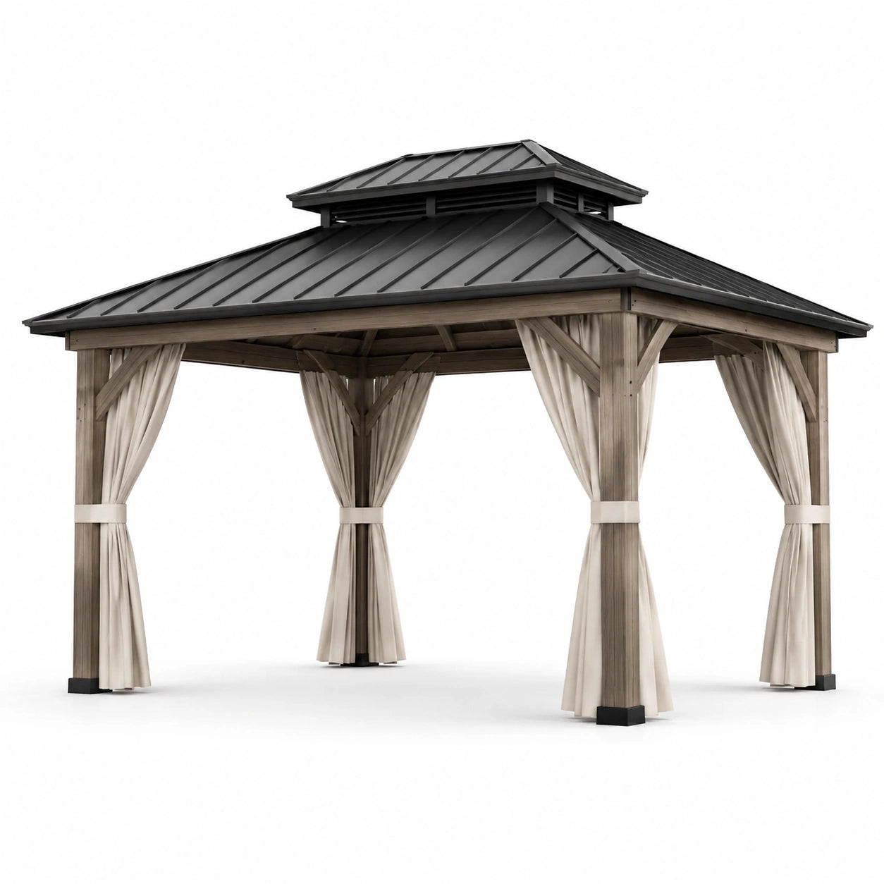 Pavillon de jardin en métal avec rideaux en polyester beige