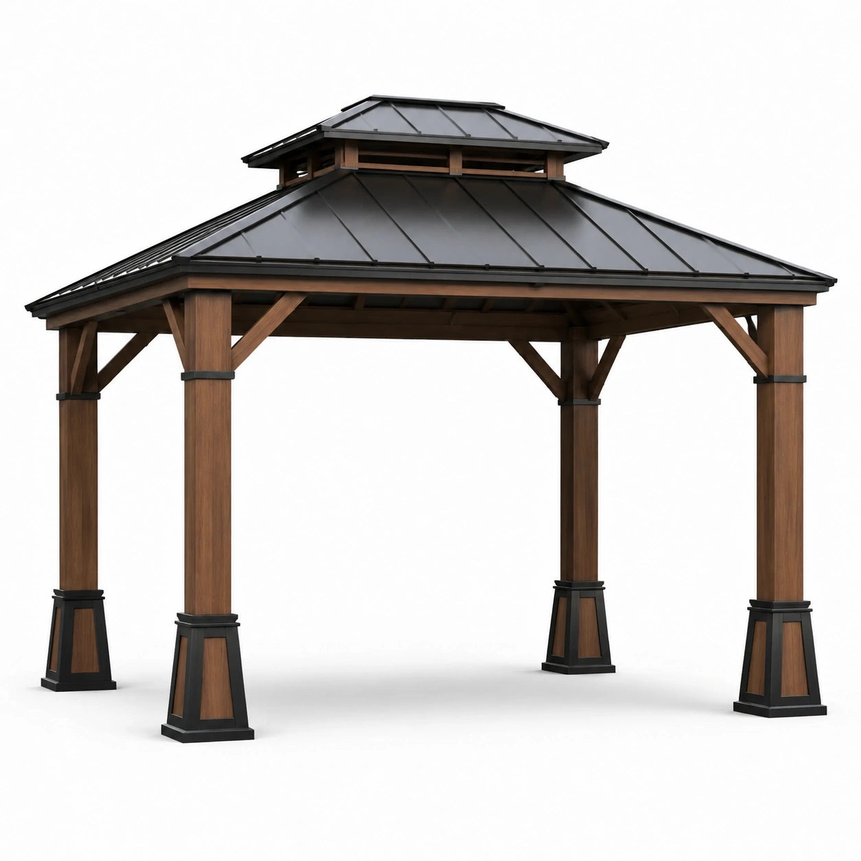 Pavillon en bois avec toit en métal noir et rideaux beiges