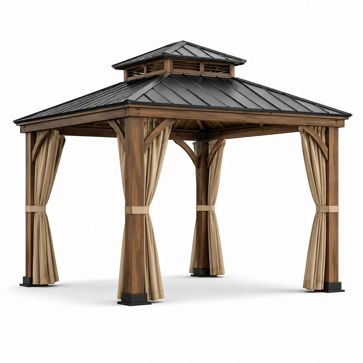 Pavillon en aluminium avec toit en acier et rideaux en polyester beige 3x3m