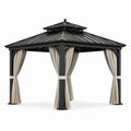 Pavillon en bois avec toit en métal et rideaux en polyester beige