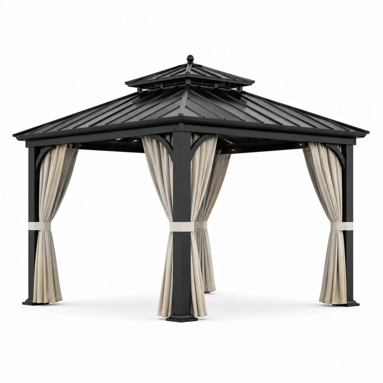 Pavillon en bois avec toit en métal et rideaux en polyester beige