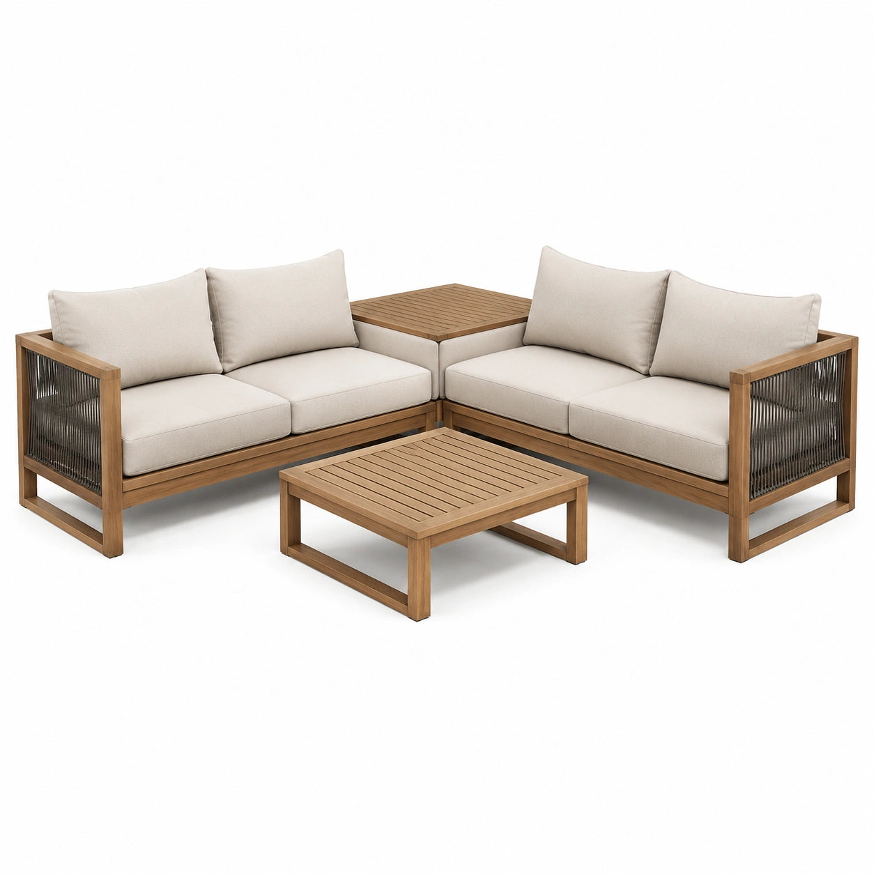 Ensemble de jardin en bois d'acacia avec coussins en polyester beige