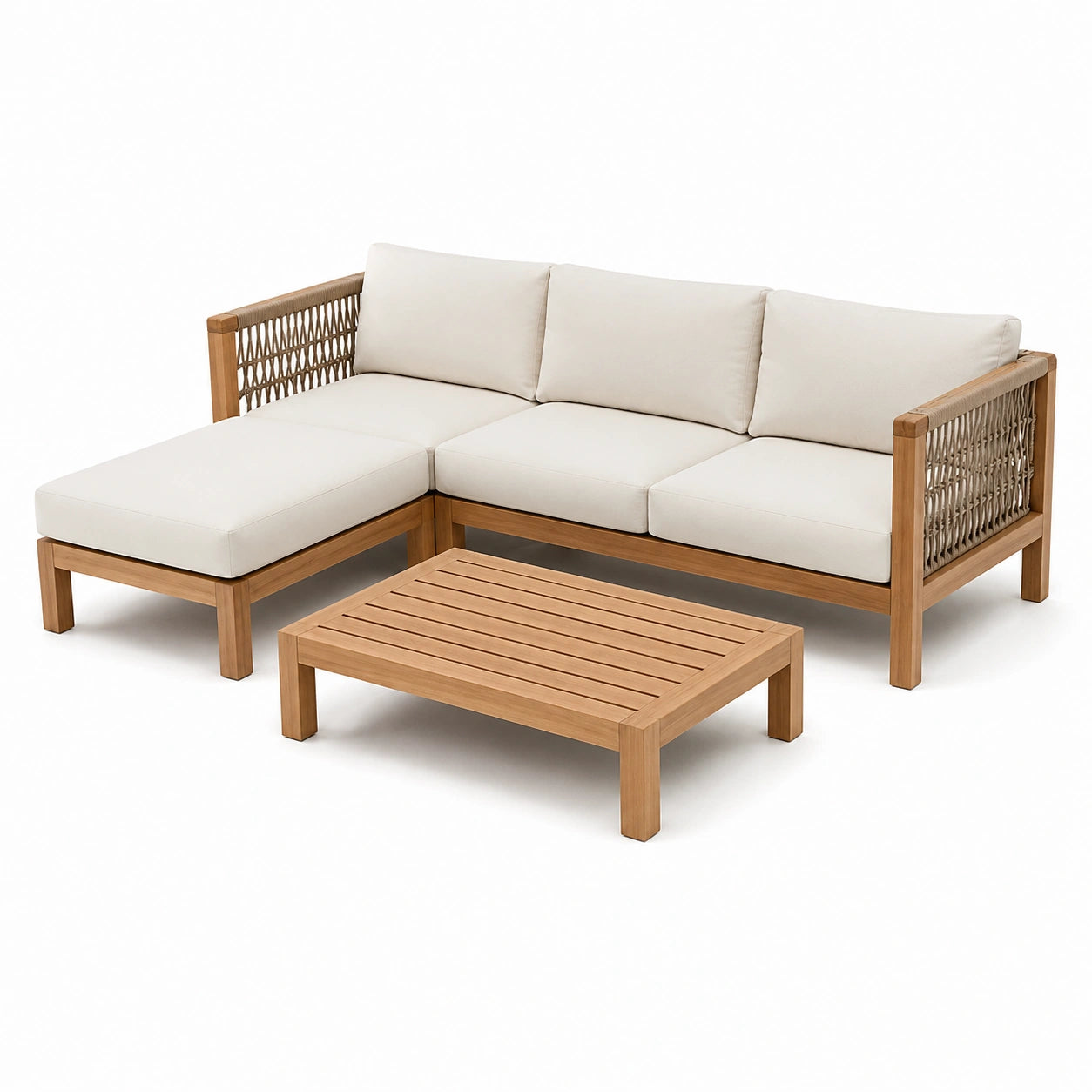 Ensemble de salon d'angle en bois d'acacia et corde avec coussins en polyester beige