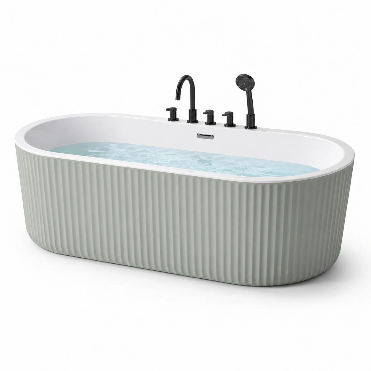 Baignoire îlot en acrylique avec finition sculptée gris et robinets noirs