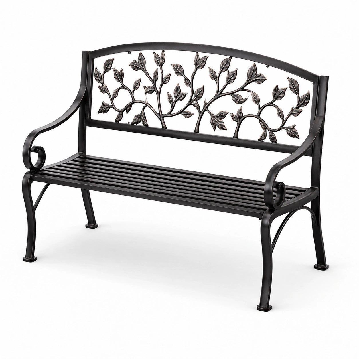 Banc de jardin en métal noir avec motif de feuilles 128cm