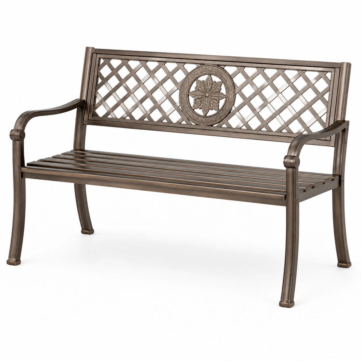 Banc de jardin en métal bronze avec motif floral