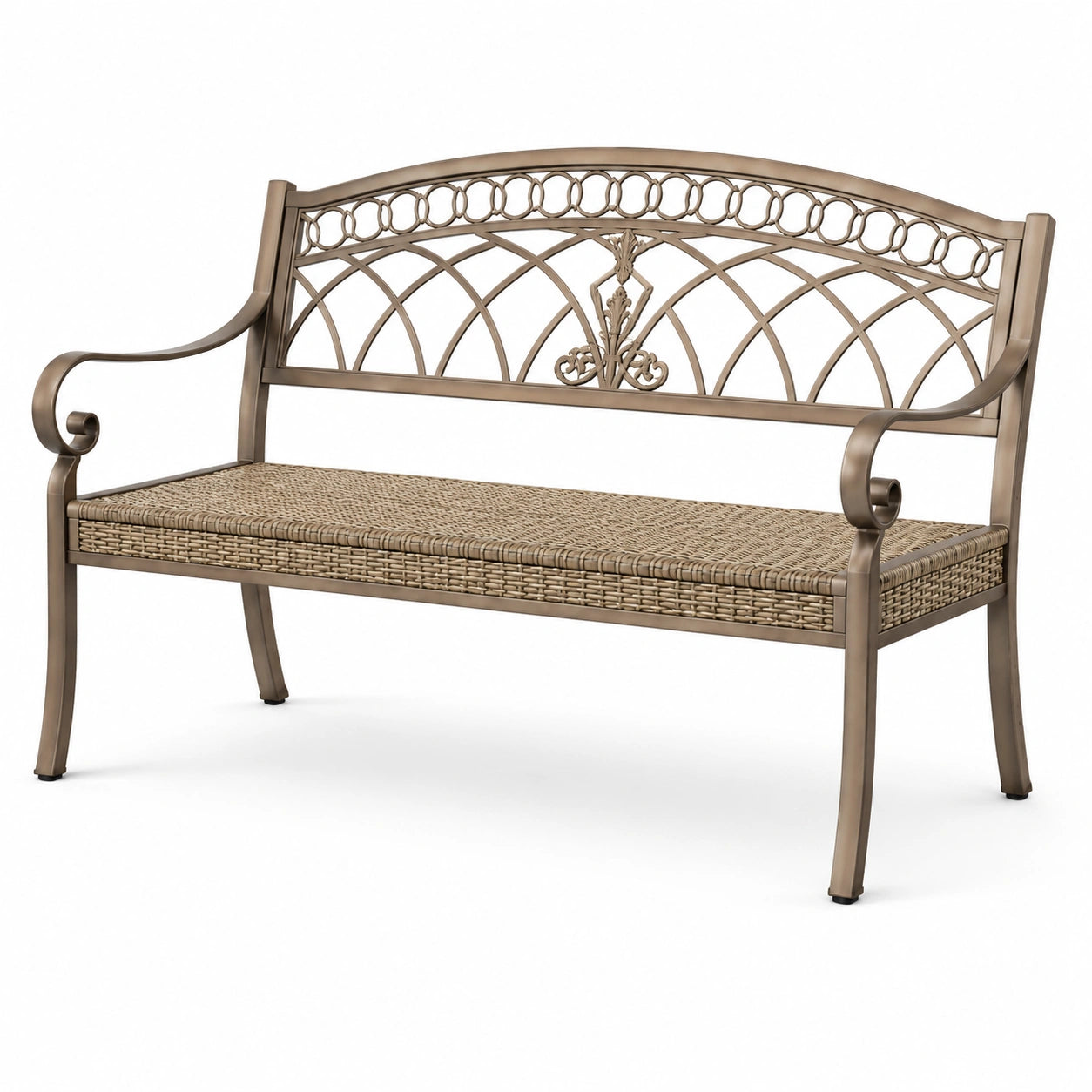 Banc de jardin en métal brun avec siège en rotin