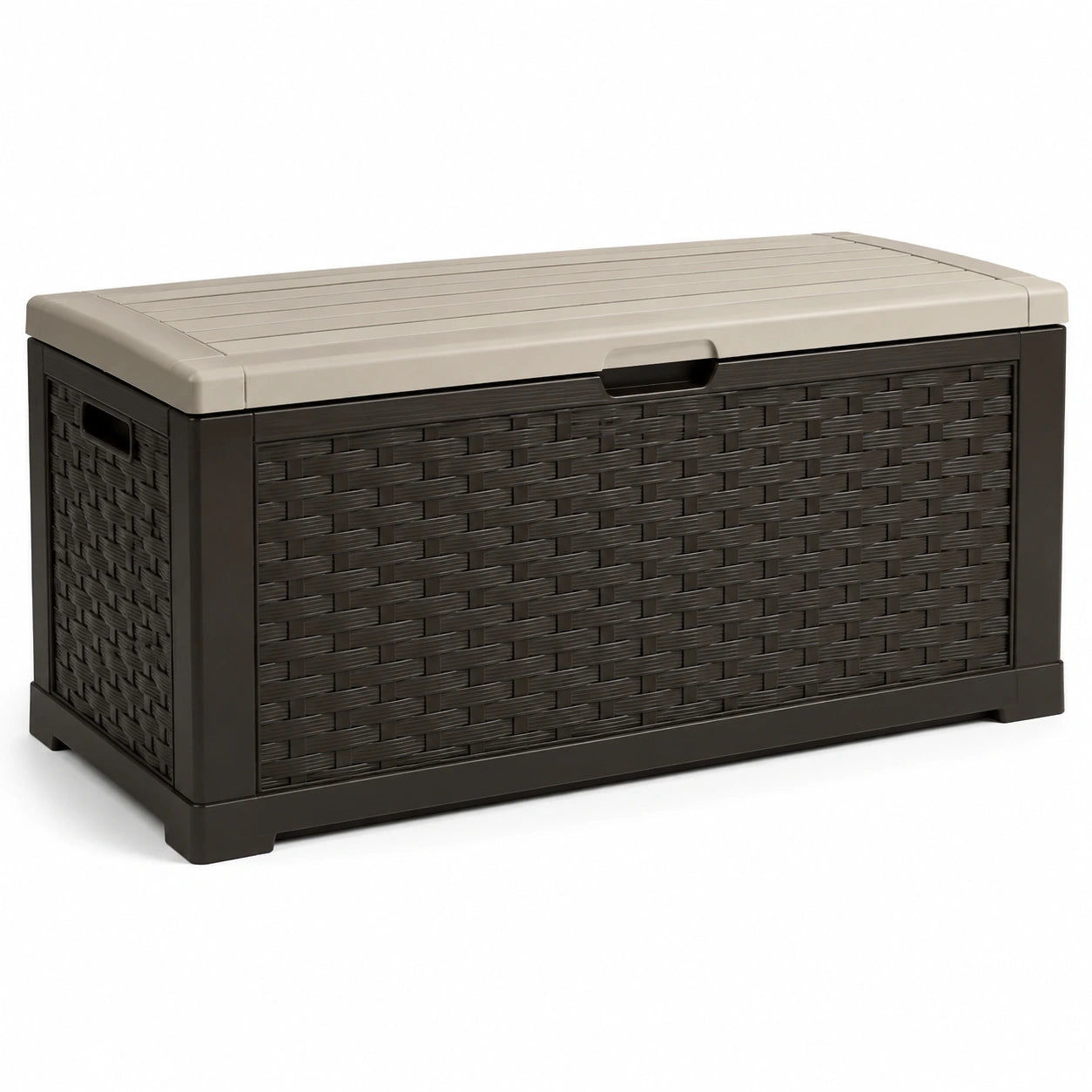 Coffre de rangement extérieur en plastique tressé marron et beige