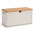 Coffre de rangement extérieur en résine blanche et bois composite 117x45x57 cm