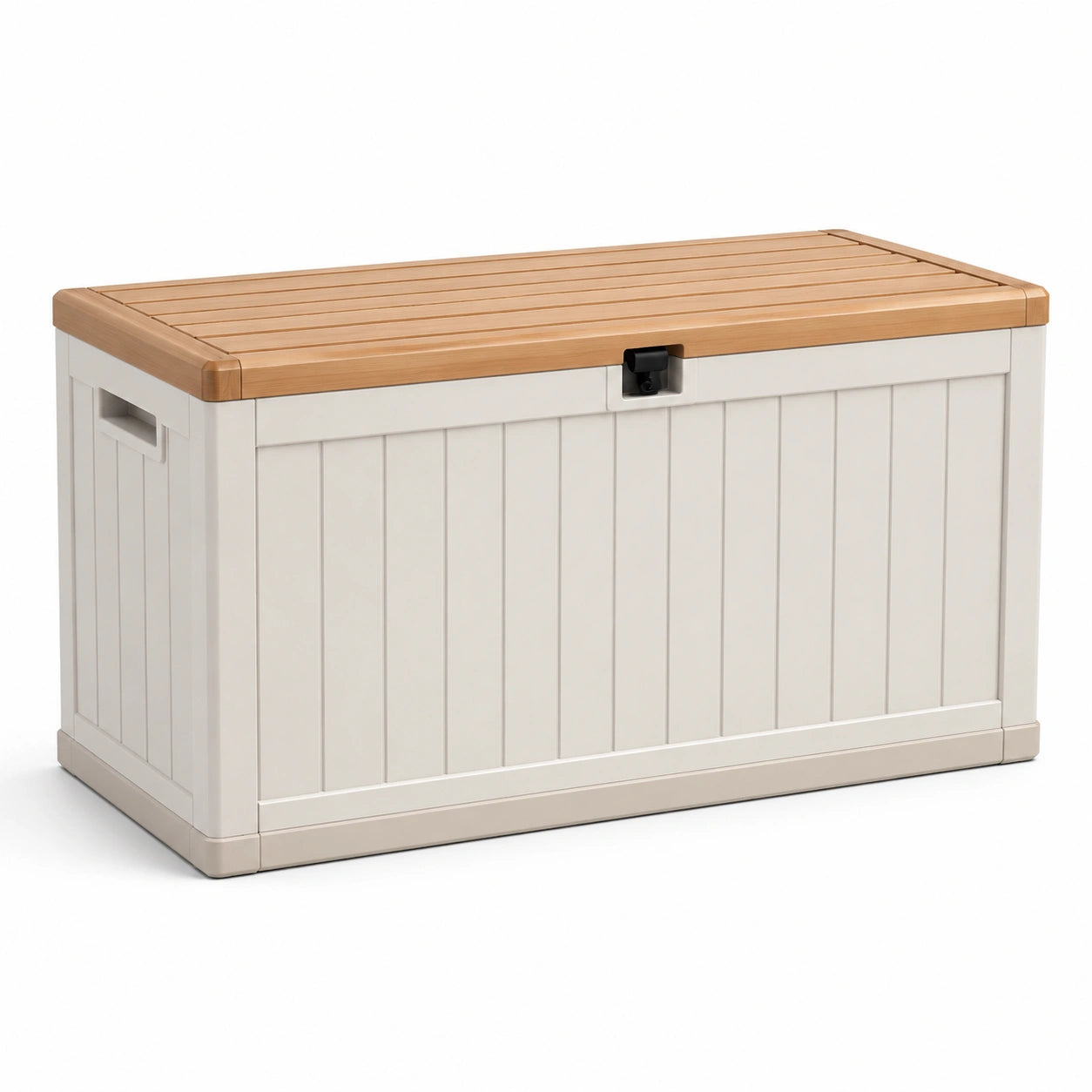 Coffre de rangement extérieur en résine blanche et bois composite 117x45x57 cm