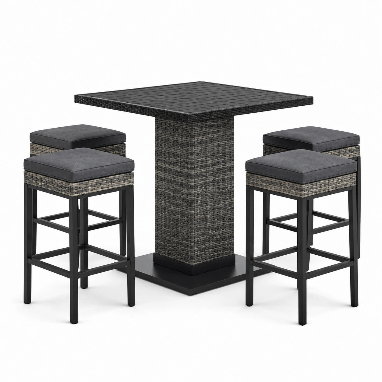 Ensemble de table haute en résine avec 4 tabourets et coussins gris