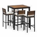 Ensemble table haute et tabourets en métal et bois brun avec coussins blancs