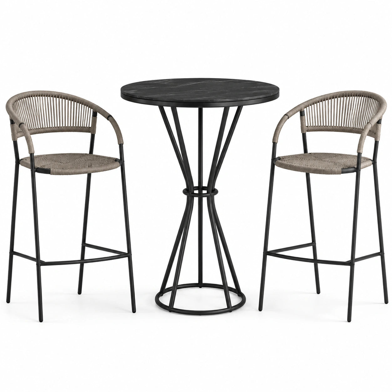 Ensemble table haute ronde en métal et tabourets en corde tressée