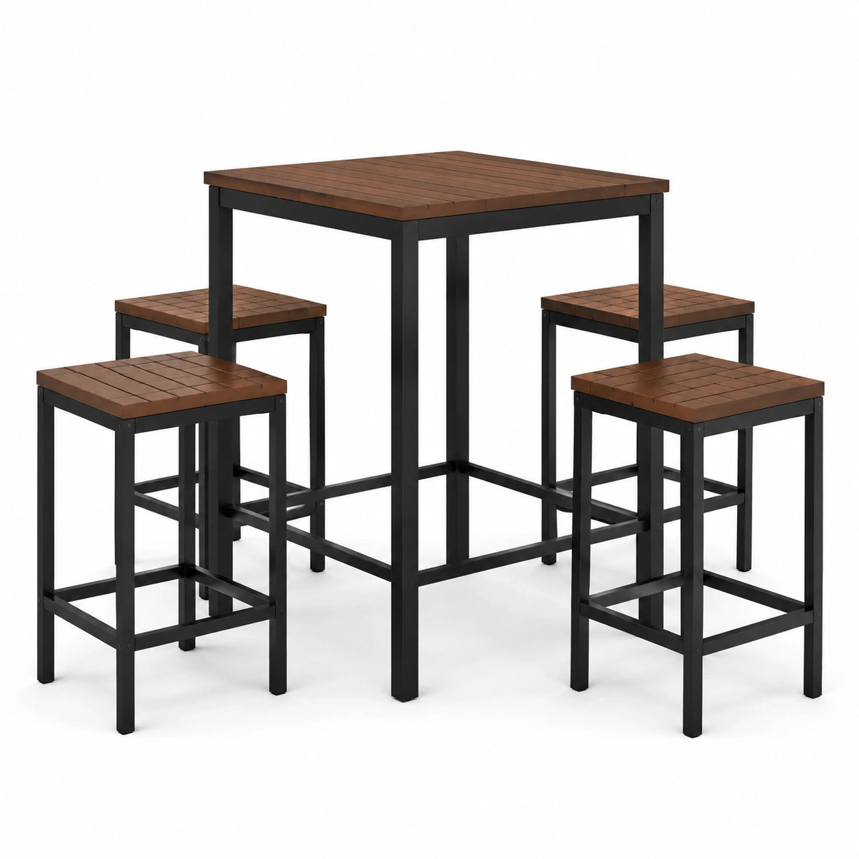 Ensemble de bar en bois et métal avec 4 tabourets