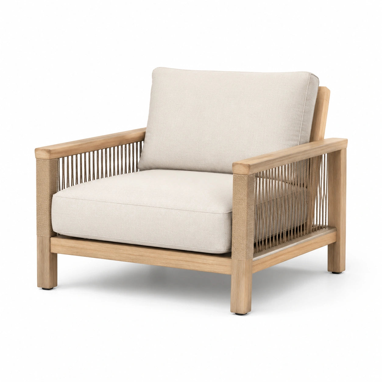 Fauteuil en bois de chêne avec coussins en polyester beige