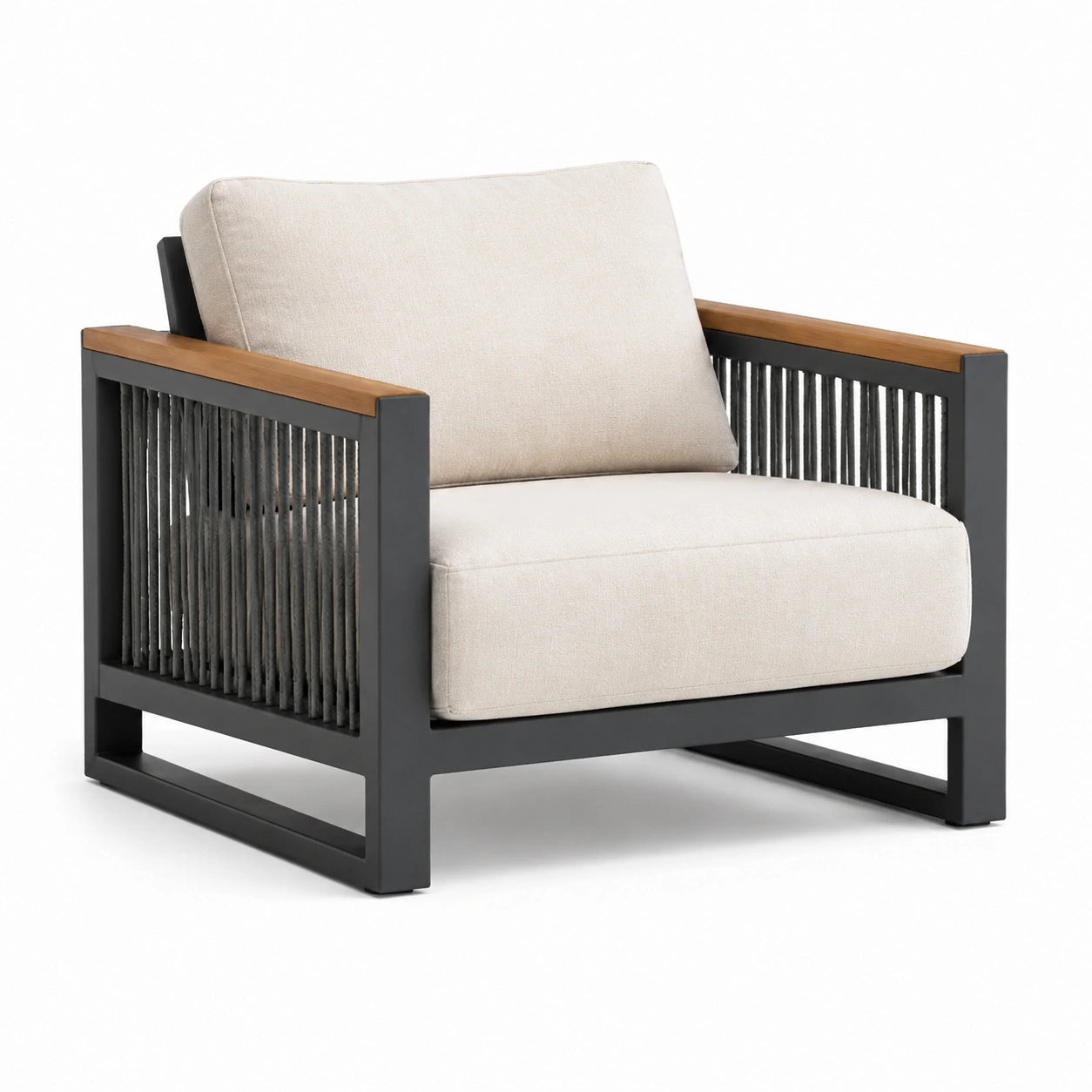 Fauteuil en aluminium et bois d'acacia avec coussins en polyester beige