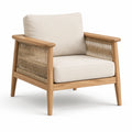 Fauteuil en bois d'acacia avec tissu polyester beige et corde tressée