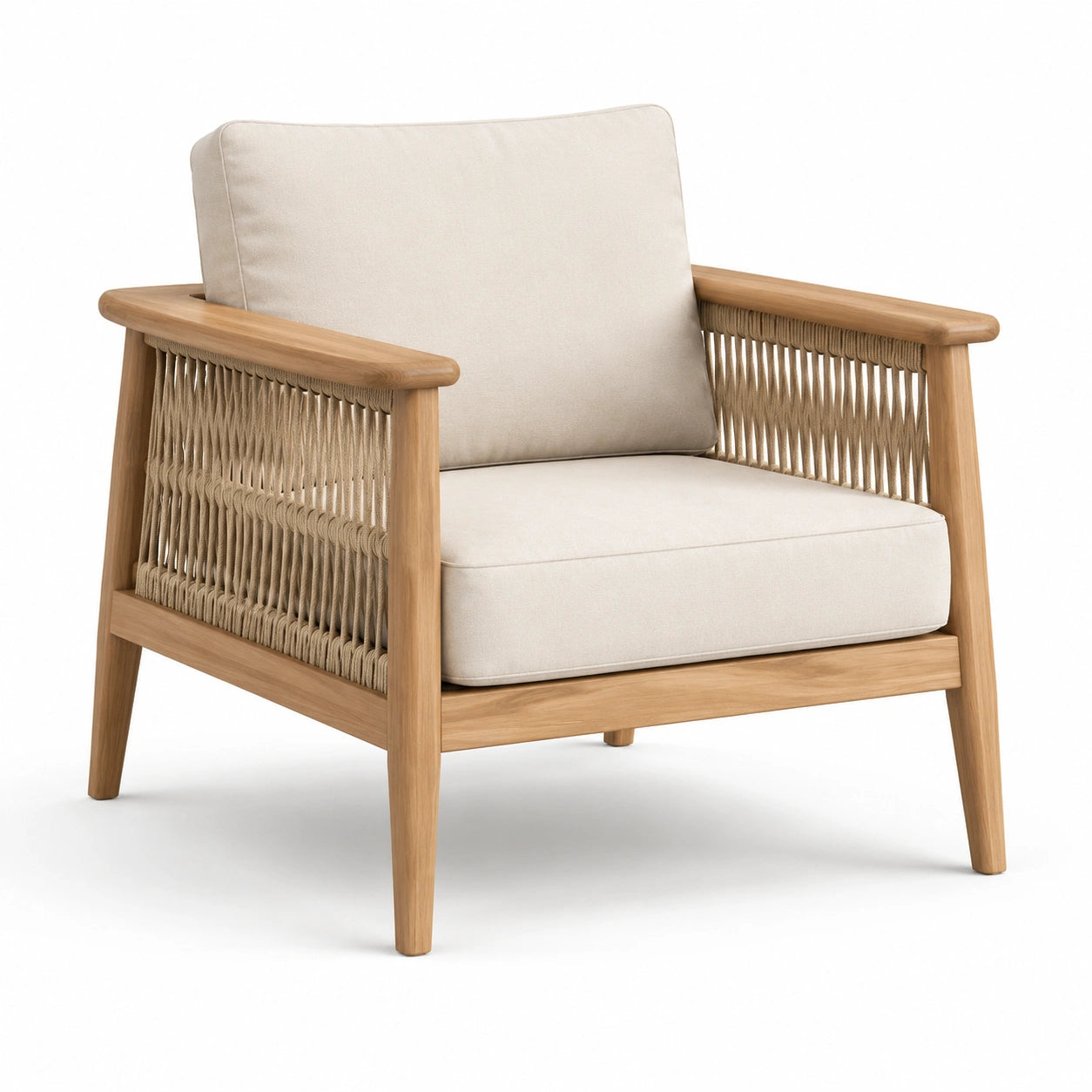 Fauteuil en bois d'acacia avec tissu polyester beige et corde tressée