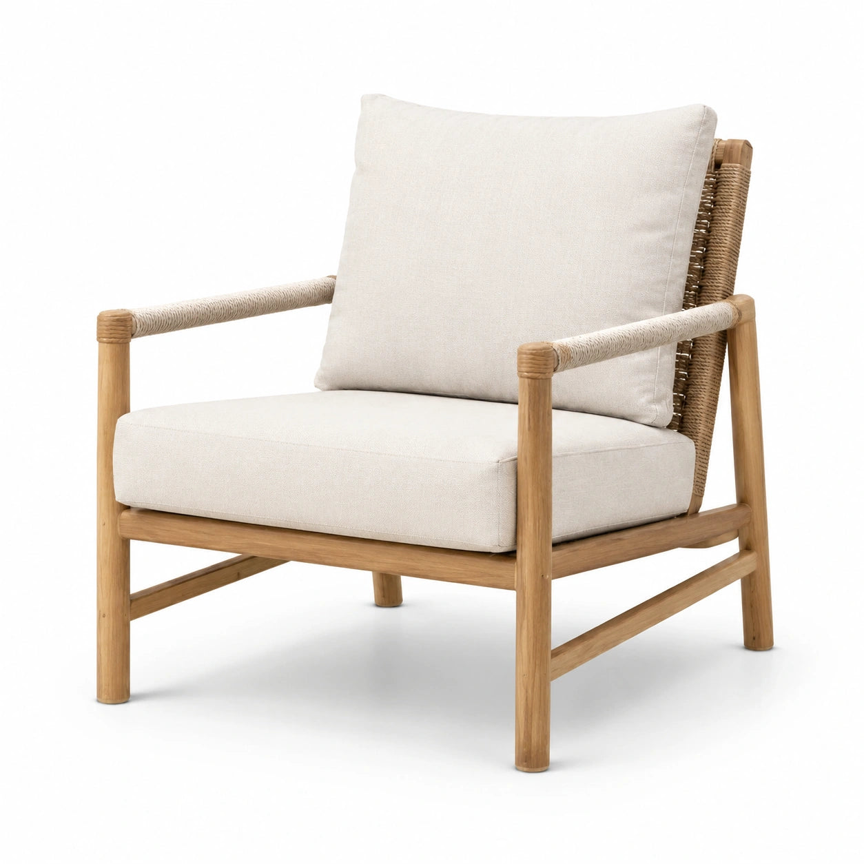 Fauteuil en bois d'acacia avec corde et coussins en lin beige