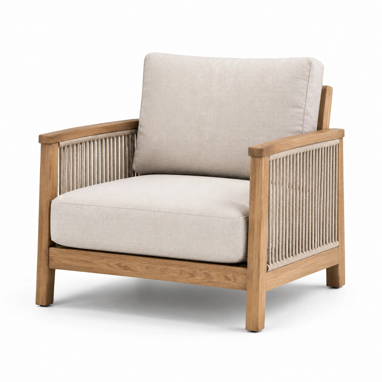 Fauteuil en bois d'eucalyptus et corde avec coussins gris clair