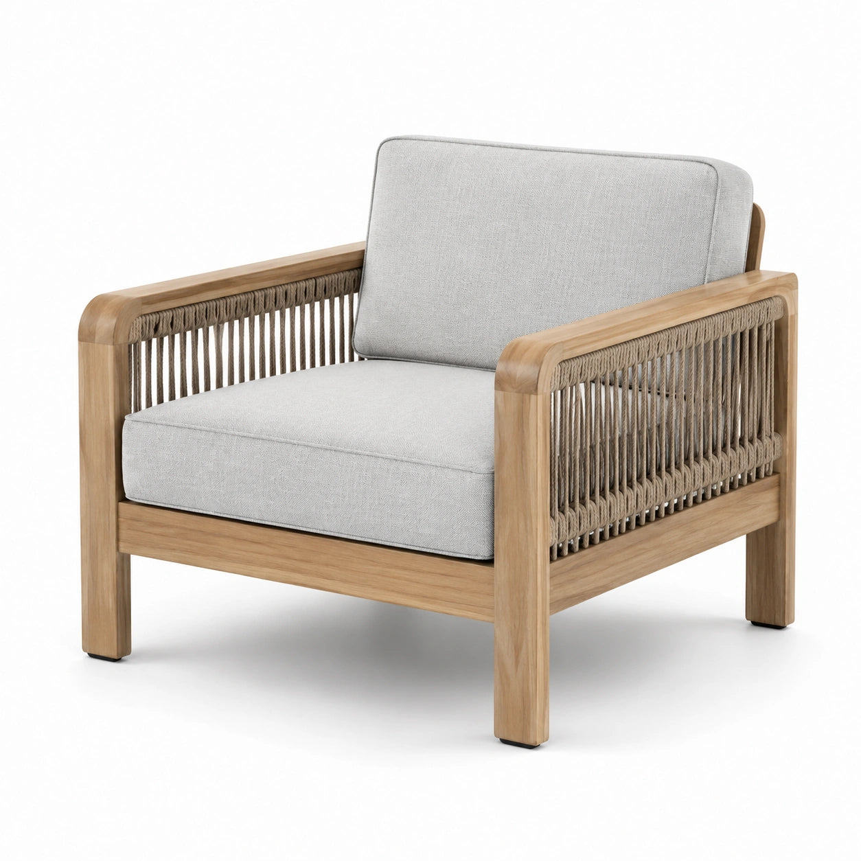 Fauteuil en bois avec cordage en polyester et coussins en coton beige