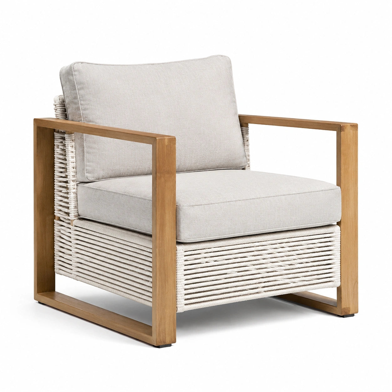 Chaise berçante en bois et corde gris avec coussin beige