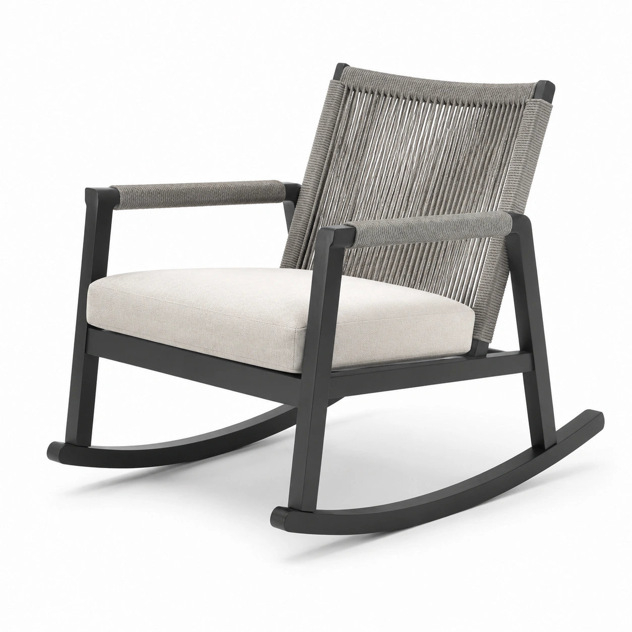 Fauteuil à bascule en bois de teck et corde beige avec coussins en polyester