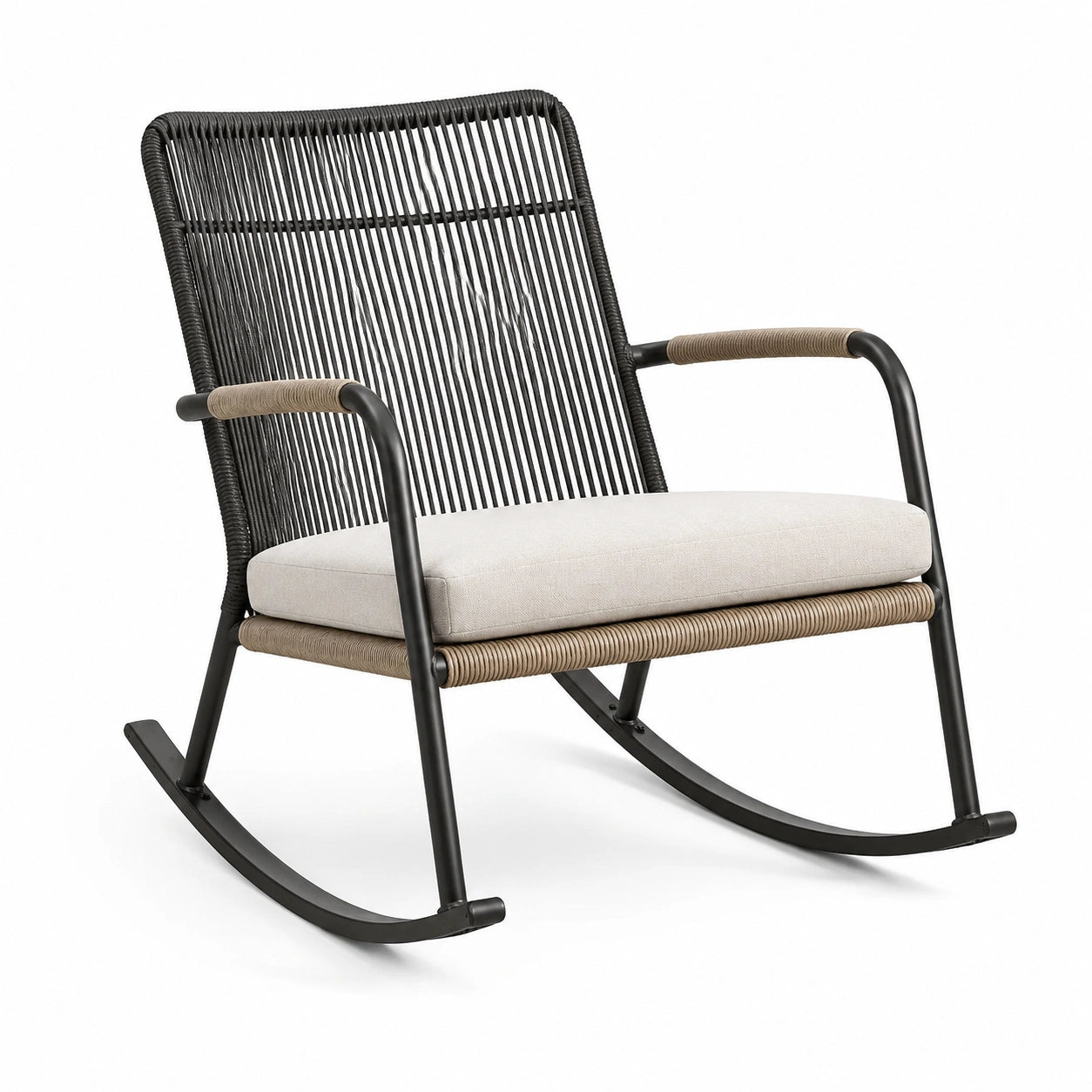 Fauteuil à bascule en rotin et tissu polyester beige