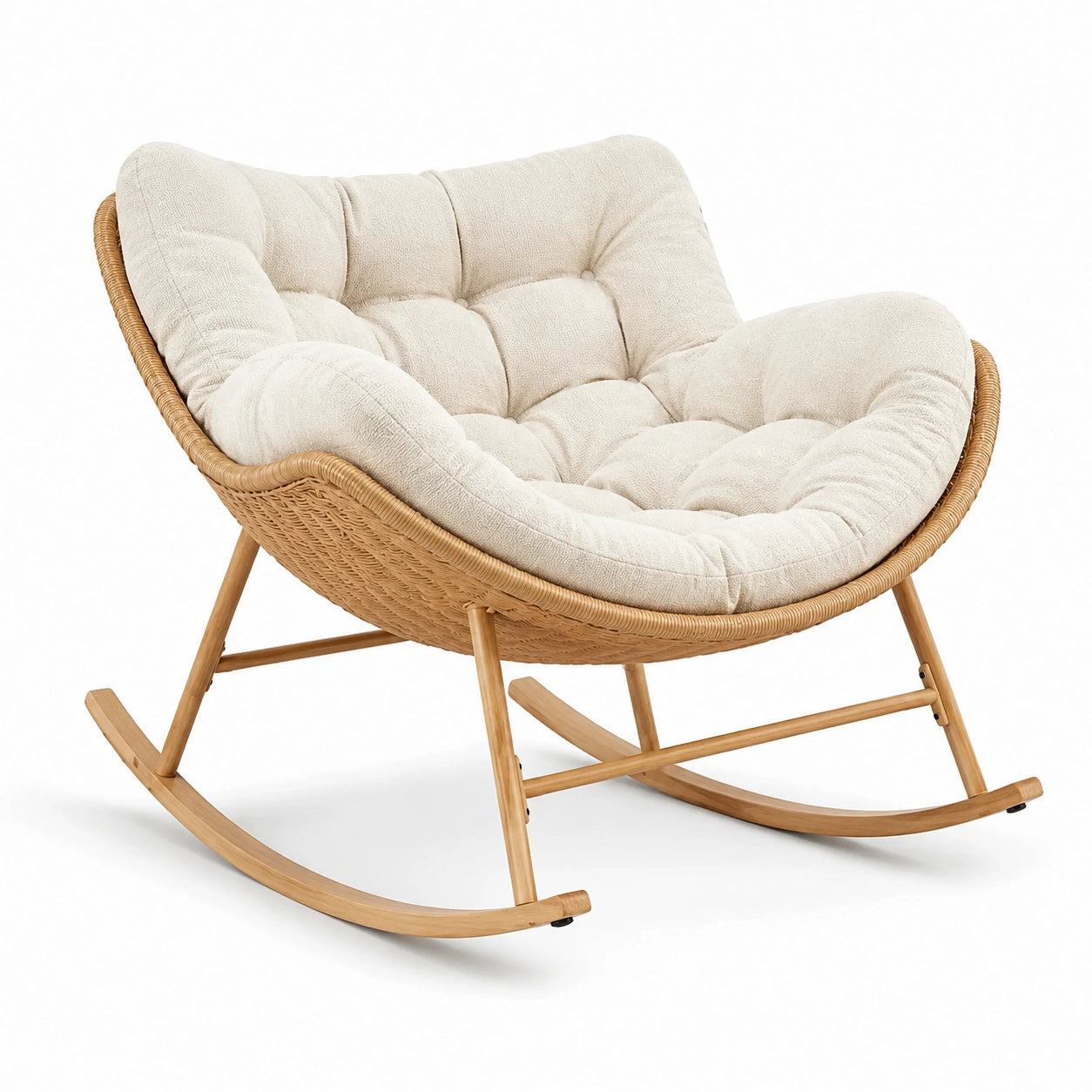 Chaise à bascule en rotin avec coussin en lin beige
